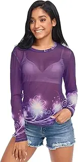 [RPLIFE] Neon Light Butterflies Purple Womens Mesh Sleeve Top, Sheer Tops for Women Sexy S-XXL