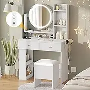DWVO Vanity Desk with Mirror and Lights, Makeup Vanity Table Set with Power Outlets and Chair, 3 Lighting Colors, Makeup Desk with 3 Drawer and Lots Storage Shelves, Bedroom, Milk White Dressing Table