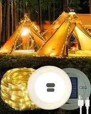 Aonjrs 10M Camping String Lights, Led Light Strip with Solar & USB Rechargeable, 7 Lighting Modes, 1800mAh Battery Capcity, IP4X & IP67 Waterproof Camp Lantern for Tent, Outdoor, Hiking, RVs, Party