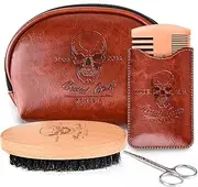 Menesia Beard Brush and Comb set, Boar Bristle Hair Beard Brush Kit with Small Leather Travel Toiletry Bag Case for Men, include Men's Wooden Mustache Comb & Nose Hair Scissors