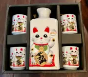 Japanese Sake Cups and Bottle Set Good Fortune Japan Lucky Cat Maneki Neko