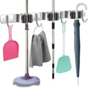 Compact Mop and Broom Holder Wall Mount – Stainless Steel Organizer with 3 Ra...