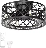 18 Inch Black Caged Ceiling Fans with Lights and Remote Control Modern Outdoor E