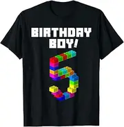 [X.Style] Cute 5th Birthday 5 Years Old Block Building Boys Kids ds345 T-Shirt (S) Black