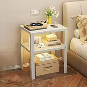 Bedroom Bedside Table, Metal Living Room Sofa Side End Table A169 (White, 37X28X45CM)