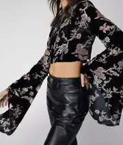 NastyGal Ditsy Floral Devore Flare Sleeve Top