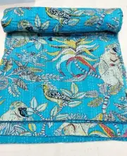 Kantha Quilt Turquoise Monkey Life Bedspread Blanket Pure Cotton Quilt Bohemian