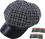 [Generic] Vintage Newsboy Cap, French Beret Hats for Women, Black and White Striped Pattern, Faux Leather Visor, Baker Boy Style