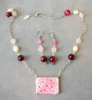 VTG Pink Peking Glass~Baroque Pearl~Burgundy Agate~Sterling Necklace/Earring Se