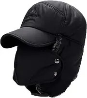 [Iywish] Men Trapper Hat Bomber Hats Winter Trooper Ushanka Ear Flaps Hats Aviator Snow Windproof Thermal Faux Fur Warm Hunting Skiing Cycling Cold Weather Hats Earflaps Baseball Caps Dad Hats with Face Mask, Black, Large