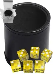 (6) 16mm Transparent Yellow Dice + PU Leather Black Felt Lined Cup Gift Boxed