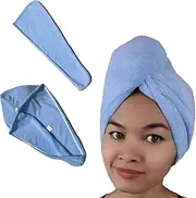 Microfibre Hair Towel Turban Turbie Microfiber Head Wrap Bath Towels Fast Dry Super Absorbent Anti Frizzy Curly Kids Girl Women Blue