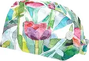 [WOSHJIUK] Working Hat 2 Pack Scrub Caps for Women,Original Painting Summer Spring Flowers,Tie Back Cap Adjustable Scrub Hat