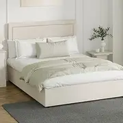 Oikiture Gase Lift Bed Frame Queen Bed with Plywood Slat and Headboard Beige