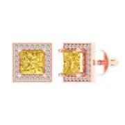 2.3ct Princess Round Cut Halo Natural Citrine Stud Earrings Real 14k Rose Gold