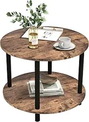 VERFARM 60CM Round Coffee Table, 2-Tier Small Circle Coffee Table with Storage, Modern Center Accent Table with Metal Frame, Side Table End Table for Small Space, Living Room, Office, Rustic Brown