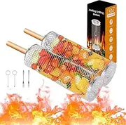 2 PCS Nesting Rolling Grill Baskets with 2 PCS Removable Wooden Handle, Stainless Steel BBQ Rolling Net Tube Grill with 2 Hook & 2 Fork, Grill Net Tube for Outdoor Cooking Camping Barbecue, BBQ Tools