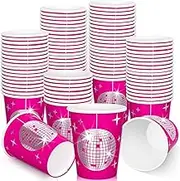 JarThenaAMCS 50Pcs Pink Disco Party Disposable Paper Cups Hot Pink Silver Disco Ball Drinking Cups for Cowgirl Bridal Shower Bachelorette Wedding 70-80s Party Supplies, 9oz