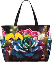 [Ghjkfbf] Colorful Succulent Print Large Capacity Beach Travel Bag For Family, Beach Tote Bag For Women With Zipper Pockets, Black, One Size
