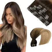 VINBAO Clip-In Real Hair Extensions, Balayage Dark Brown to Dark Blonde, Clip-In Hair Extensions, Remy Real Hair, Double Wefts, 6 Pieces, 100 g, 14 Inches (#2/6/18.35 cm)