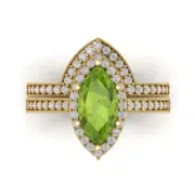 2.16ct MQ Round Cut Halo Natural Peridot Promise Bridal Ring set 14k Yellow Gold