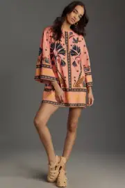 NWT ANTHROPOLOGIE FARM RIO LONG SLEEVE PRINTED SHIFT MINI KNIT TEE DRESS PINK L