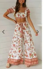 Mura Boutique Boho pattern white orange floral crop top and Alana pants set