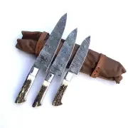 Kitchen Knives Set of 3 Pcs Handmade Damascus Fixed Blade Horn Handle Knives