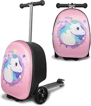 [ALVOD] 2-in-1 Scooter Suitcase, Foldable & Lightweight Scooter Luggage for Kids with LED Light Wheel, Pink Green, 11.8*13.2*20.7 inches, Pink Green, 11.8*13.2*20.7 inches