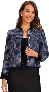 [Allegra K] Women's Tweed Button-Down Stand-Up Collar Long Sleeve Business Winter Jacket Blazer, Blue, X-Small