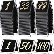 Suzile Table Numbers 1-100, 100-piece Double Sided Gold Acrylic Table Number Tents, 3.15" x 2.75" Number Signs for Receptions, Banquets, Restaurants, and Wedding(Black and Gold)