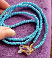 Eyeglasses Lanyard Glass Beaded 27" Light Sky Blue Glasses Chain Gold