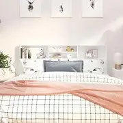 White Headboard with Cabinet, 180 cm, Adjustable Wall Mounted Storage for Full, King Beds – Wood Frame Headboards for Bedroom Décor