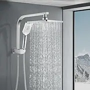 ACA International 8" High Pressure Shower Head Square Set 3-Mode Handheld Gooseneck Shower Rail 2 in 1 Diverter Set Rainfall Overhead Shower Brass WELS (Chrome)