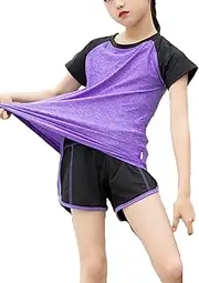 [Echinodon] Girls' Sports Set Shirt + Shorts Quick-Drying Suit for Yoga Jogging Training, Purple, 134-140