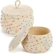 Small Basket with Lid Set of 2, Cotton Rope Storage Basket, Desktop Storage Box, Makeup Storage Basket, Container for Snacks, Towels, Plants, Suitable for Living Room, Bedroom, Bathroom, Office