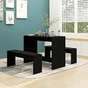 Sleek 3 Piece Dining Set Black Engineered Wood - Modern Design Patio Table and Chairs - for Balcony or Outdoor Use - Includes Table 102x50x75cm & Benches 97x25x40cm - Easy Clean & Assembly Required