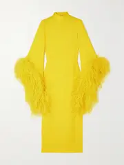 [Taller Marmo] Taller Marmo - Del Rio Feather-trimmed Crepe Midi Dress - Yellow - IT38 IT 38 Yellow