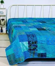 Indian Silk Kantha Quilt Handmade Sari Patchwork Bedspread Blanket Throw