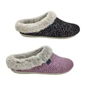 Fly Flot Lily Ladies Slippers Scuff Slip On Shiny Print Light Faux Fur Trim Soft Sole