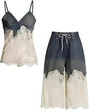 [Zadaos] Patchwork Lace Two Piece Set For Women V Neck Sleeveless Tops High Waist Loose Pant Slimming Denim Sets