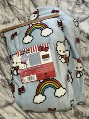 Hello Kitty Blue Rainbow Clouds Fine Faux Fur Plush Blanket With Hanger and tags