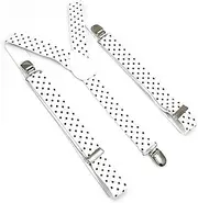 [FLYCHI] White with Black Dots Clip On Trouser Braces for Men and Women - Unisex Polka Dotted Suspenders with Adjustable and Elastic Straps - Fashion Accessory for Parties, Weddings, Casual, Formal Events