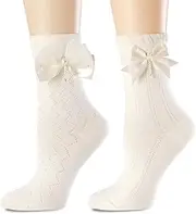 bropapa Womens Cute Crew Socks Satin Bow Ruffle Frilly Cotton Elegant Princess Lace Ankle Dress Socks 2 Pack