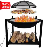 Portable 26" Outdoor Wood Fire Pit 2-in-1 BBQ Grill Spark Screen Cover Poker