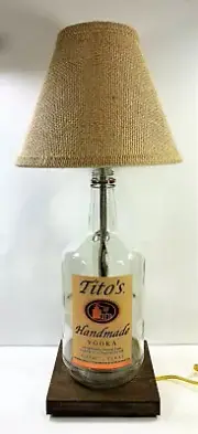 Tito's Vodka Large 1.75L Bottle TABLE LAMP Light w/ Burlap Lamp Shade & LED Bulb