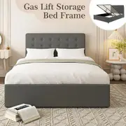 Double Bed Frame with Headboard Gas Lift Up Storage Platform Wooden Mattress Base Foundation Support Hydraulic Upholstered Linen Fabric Grey