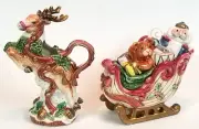 Fitz and Floyd 1993 Kris Kringle Reindeer Creamer and Sleigh Sugar Set w Ladle
