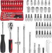 Swpeet 46Pcs1/4 inch Drive Socket Ratchet Wrench Set and Bit Socket with Storage Case Assortment Kit, Metric and Extension Bar for Auto Repairing and Household