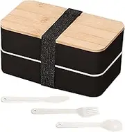 2-Layer Stackable Bento Lunch Box with Bamboo Cover 1200ML, All-in-1 Leak-Proof Lunch Bento Box with Knife Fork Spoon with Movable Partition + 1 Sauce Container, Microwave & Dishwasher-Safe (Black)